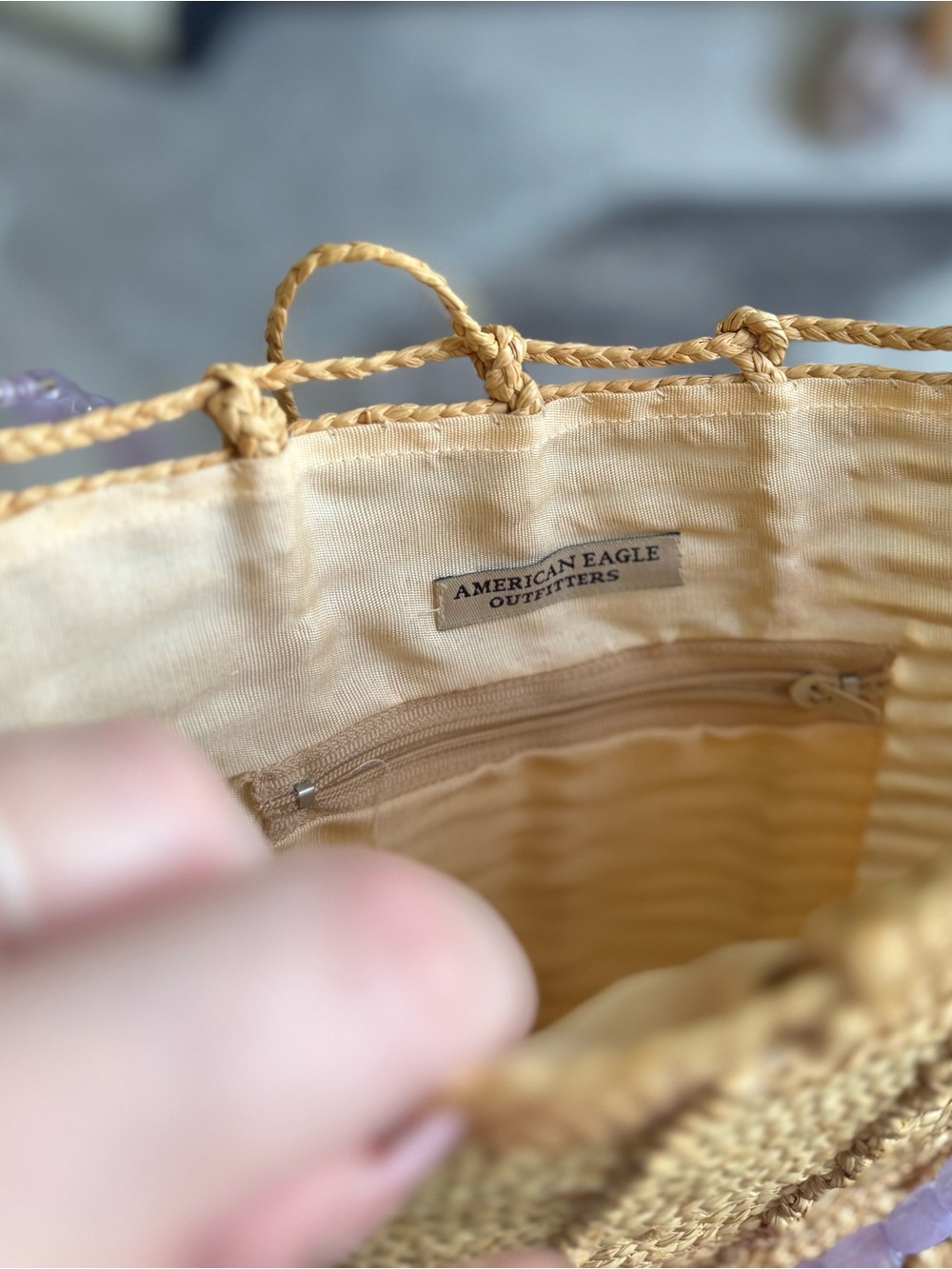 Y2K American Eagle boho straw shoulder tote with purple beaded stone strap - Picture 3 of 4